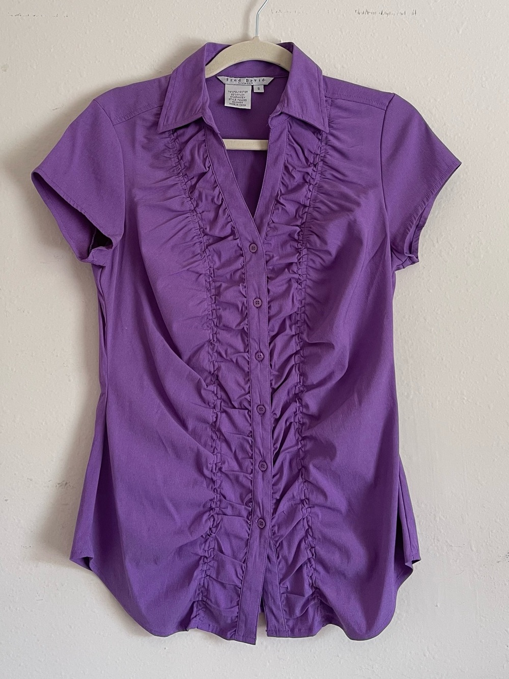 Fred David Violet Ruffle-Front Button Down Blouse